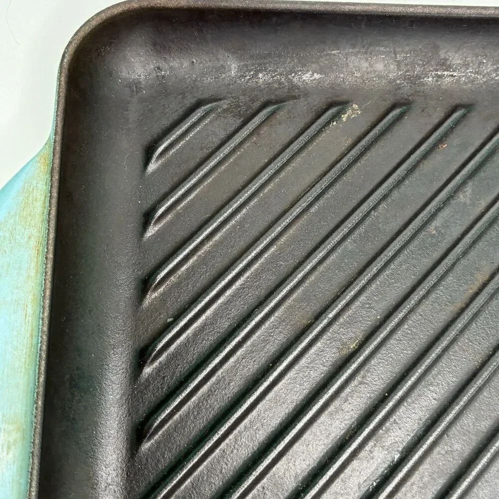 Le Creuset Blue Enameled Square Handle Cast Iron Grill Griddle Pan #24 Pre-owned